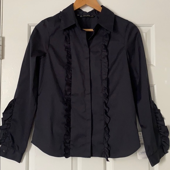 Zara Tops - 2/$15 NWT Zara deep navy ruffle Oxford